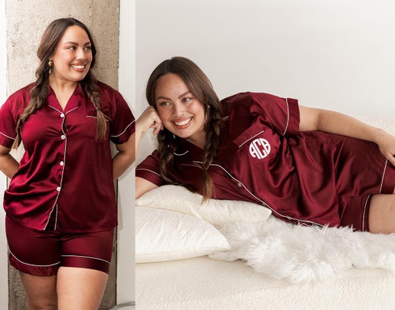 Chic Burgundy Satin Pajamas, Women’s Matching Set, Luxe Gifts for Her, Red Soft Stretchy PJs, Trendy Sleepwear