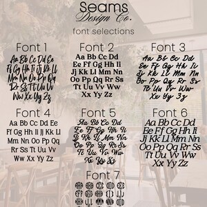 May include: A chart displaying seven different font styles with the alphabet in each style. The title of the chart is "Spikes and Seams Design Co. font selections".