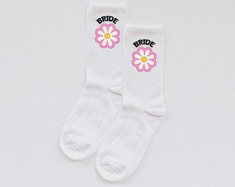 flower bride socks, bride socks, bachelorette party socks, bridesmaid socks, wedding socks, MOH socks, bride tribe, I do crew, bridesmaid