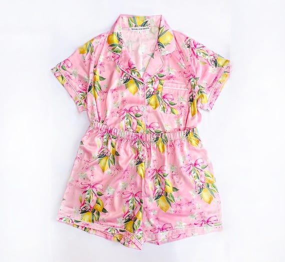 floral pink pajama set, trendy loungewear, cute satin sleepwear, lemon print pajamas, pink floral pjs, silky fruit pajamas, luxe sleepwear