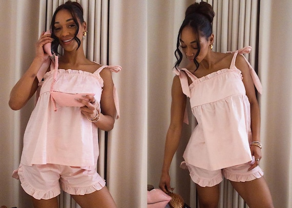 Pink Cotton Pajama Set, Custom Monogram Pajamas, Bow Strap Pjs, Personalized sleepwear