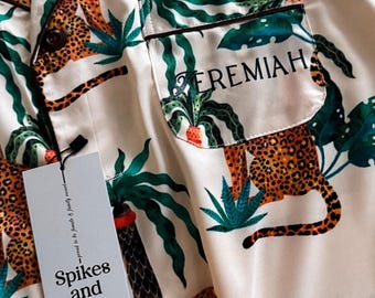 Men’s Custom Satin Pajamas, Cheetah Safari Jungle Matching Shorts Set, Personalized Animal PJs