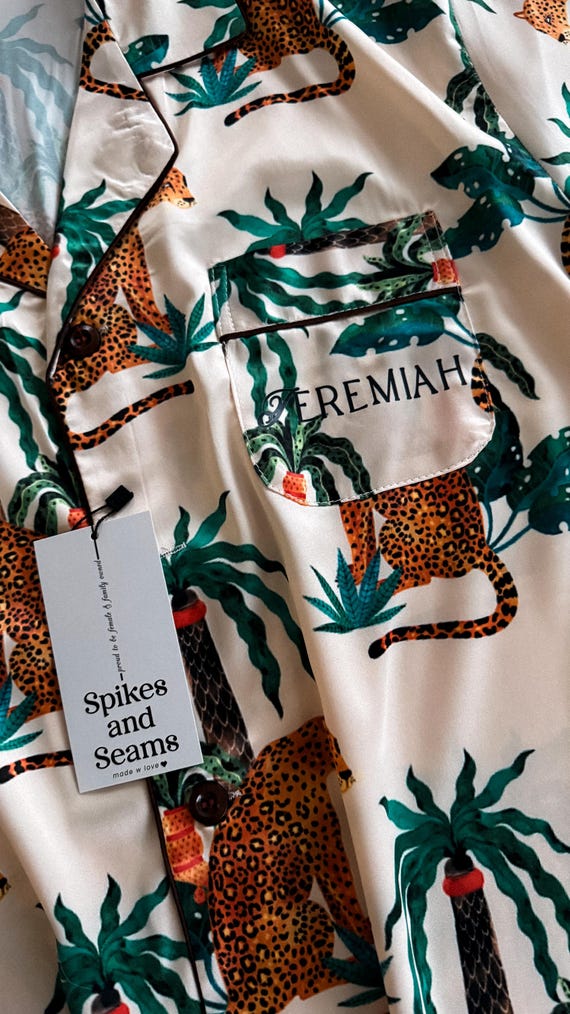 Men’s Custom Satin Pajamas, Cheetah Safari Jungle Matching Shorts Set, Personalized Animal PJs