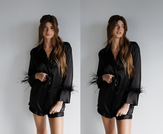 luxe feather sleepwear, satin feather nightwear, chic pajamas, luxury nightwear, cozy vibes, feather trim pajamas, black feather pajamas