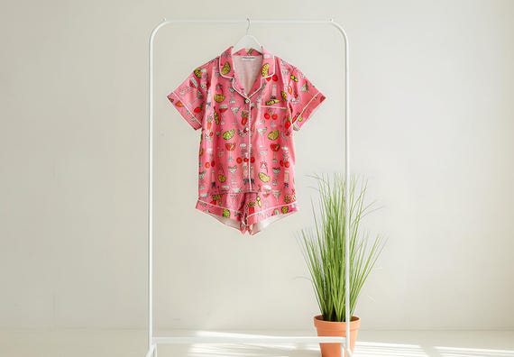 Cocktail Pattern Satin Pajamas, Printed Silk Sleepwear, Bachelorette Party Pajamas, Girls Night, Pink pattern pajamas, silky soft pajama set