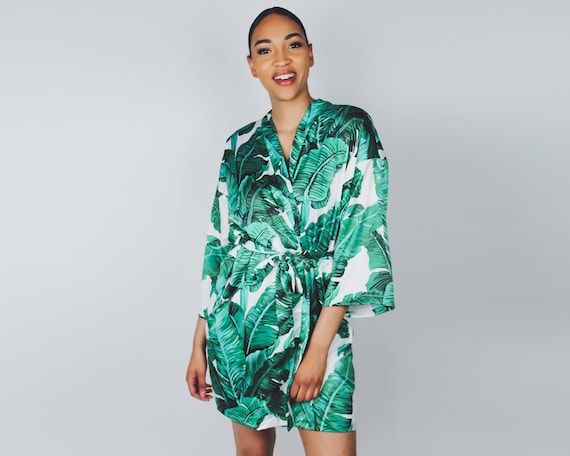 green palm leaf robe, bridesmaid robe, hawaiian robe, bridal party robes, banana leaf robe, tropical robe, destination wedding robes, satin