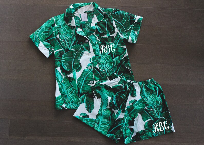 Green palm leaf pajama set banana leaf print hawaiian pajama | Etsy
