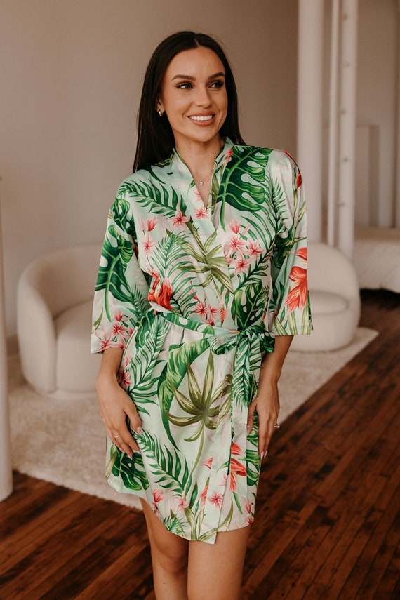 beach wedding robe, satin tropical robe, bridesmaid robe, hawaiian robe, bridal party robes, banana leaf robe, destination wedding robes,