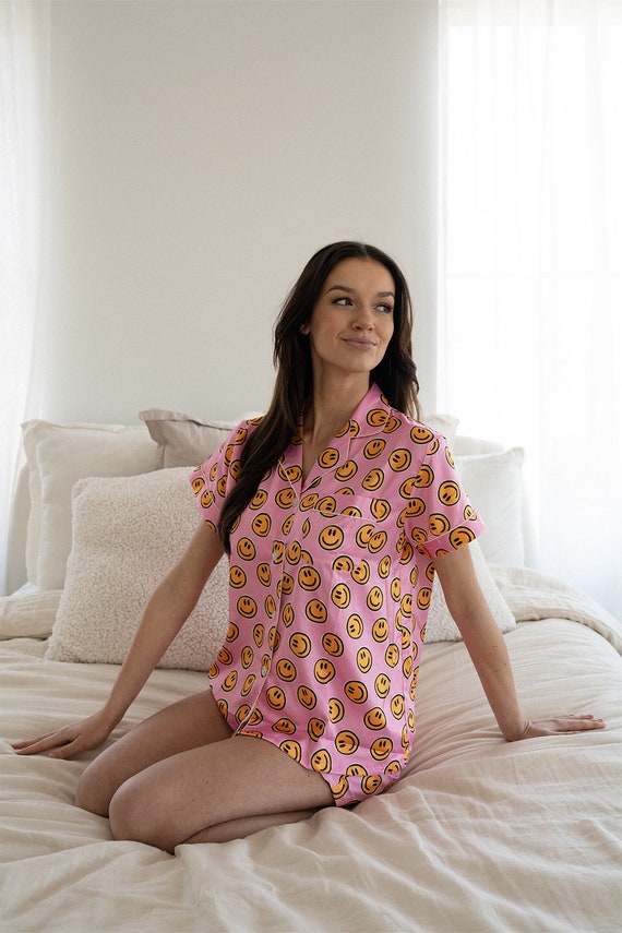 smiley face pajamas smiley print pajamas pink wedding pajamas bridesmaid bride birthday girl pajamas smile pajamas smile face pajamas