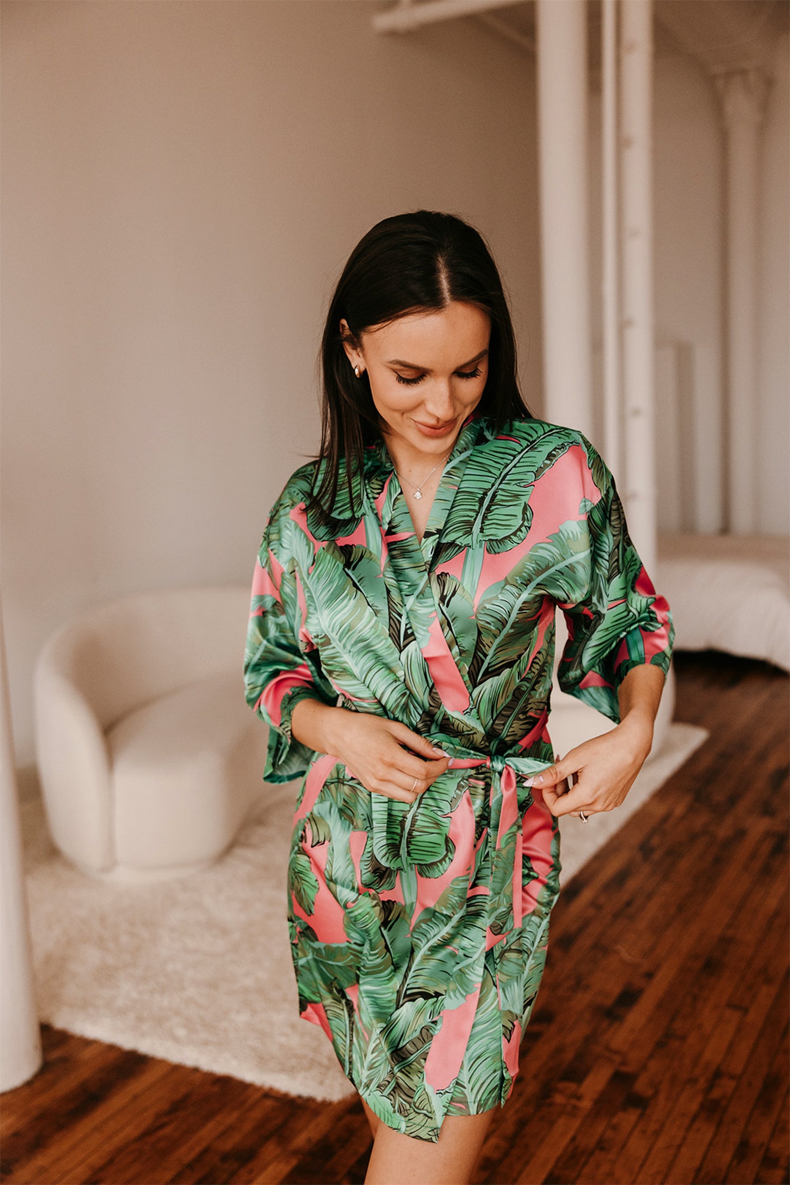 Pink Tropical Robe, Custom Satin Robe, Palm Leaf Robe, Bridal Party ...