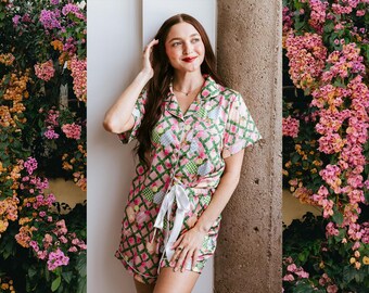 Pickleball Pajama Set, Sporty Satin Sleepwear, Women's Lounge Set