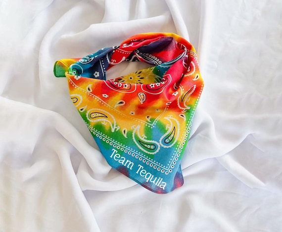 Tie Dye Rainbow Bachelorette Bandana, Custom Logo Bandana, Tie Dye Bandana Scarf, Scarf with Custom Name Text, Personalized Tie Dye Bandana