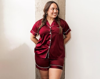 Dark Red Satin Matching Pajamas, Ruby Pajamas Women, Burgundy Personalized Sleepwear, Custom Stretchy PJs