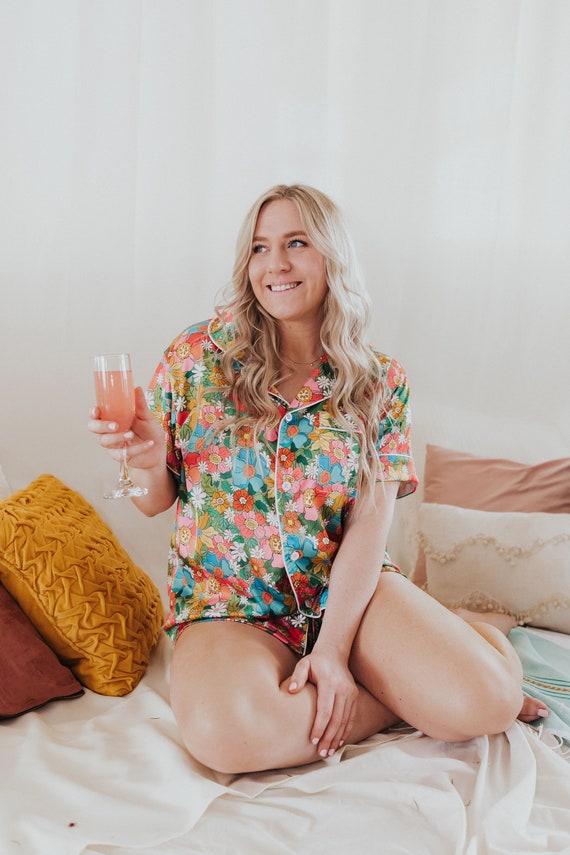 custom floral pajamas, flower power pajamas, wedding pajama sets, bridesmaid, bride, birthday girl pajamas, gift, womens custom text pajamas