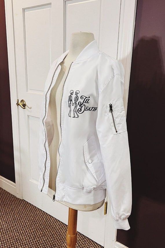 White Wedding Bomber Jacket Til Death Do Us Part Jacket White Bomber Jacket Wedding Jacket Until Death Wedding Bride Bach Party Etsy