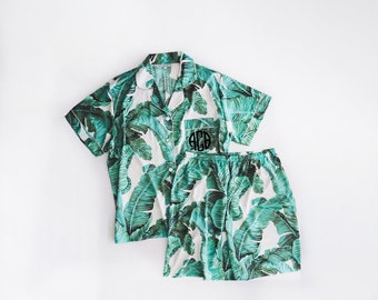 Pijama de satén con hojas de plátano tropical para hombre / Conjunto de ropa de dormir de lujo / Conjunto de salón de lujo para hombre, pijama suave para hombre / Regalo perfecto para él