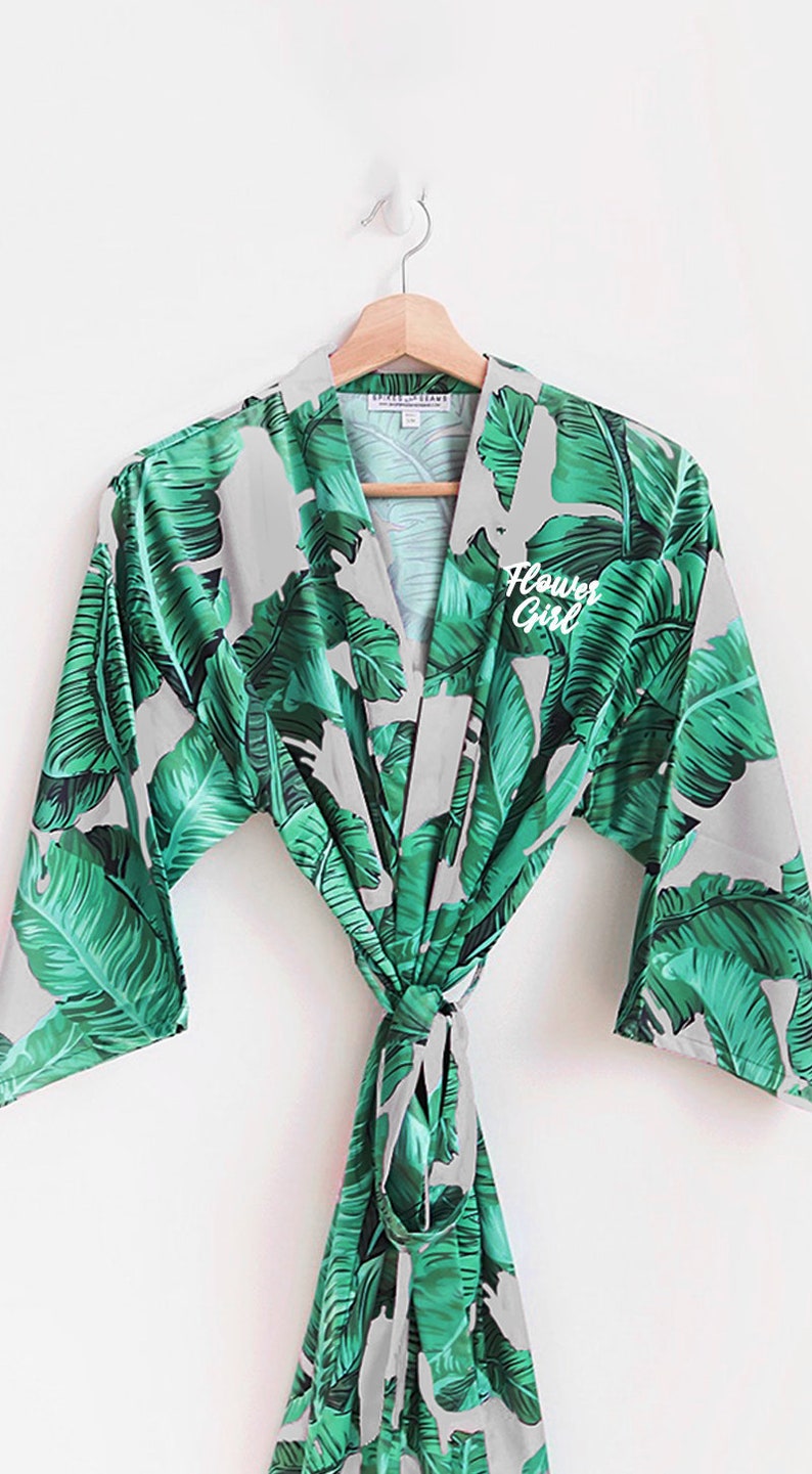 palm leaf satin robe kids robes banana leaf robe children/'s robes wedding shower gift tropical wedding flower girl juniors robes