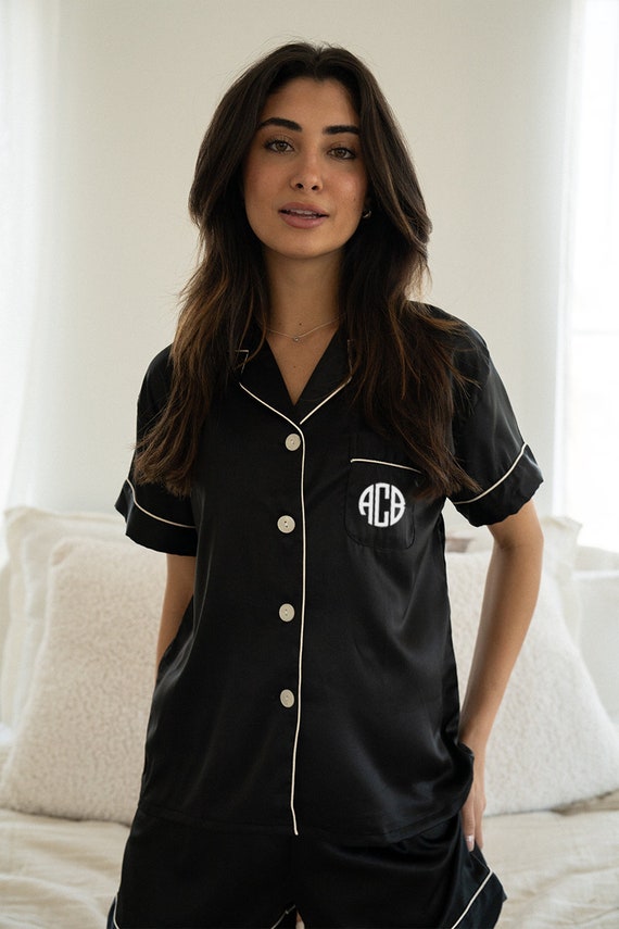 custom pajamas, monogram pajamas, black satin pajamas, bridesmaid, bride, wedding pajamas, matching pajama set, black pajamas, silk pajamas