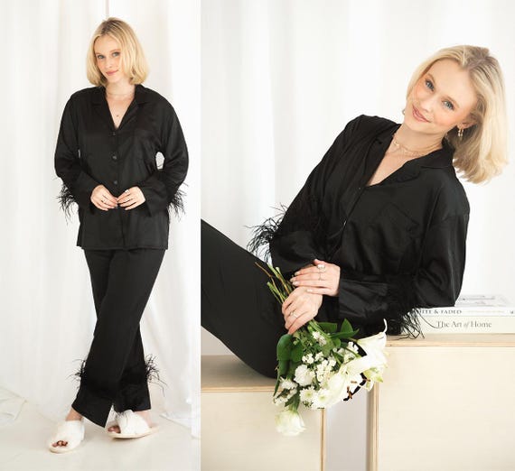 feather pajama set, black feather pajamas, black wedding pajamas, black wedding theme, party pajamas,, feather pajamas, feather matching set