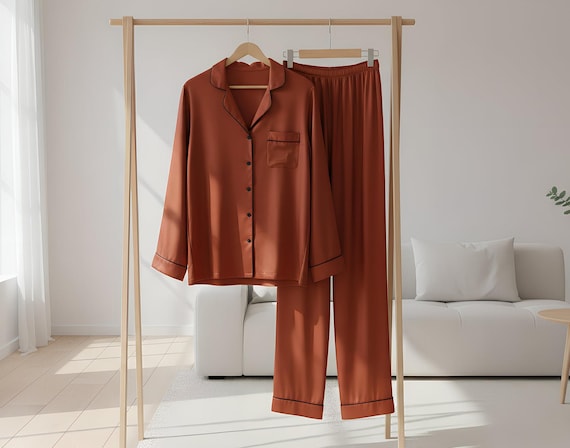 Silky Satin Pajama Pants, Burnt Orange Sleepwear, Stretch Satin Sleep Set, Cute Cozy Gift for Her, Birthdays & Holidays, Rust Satin Pajamas