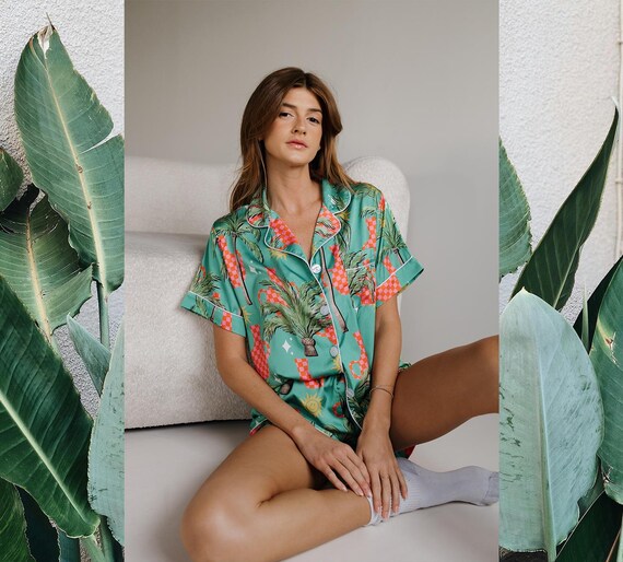 island inspired pajamas, silky tropical pajamas, luxe loungewear, satin pajamas, chic pjs, cozy vibes, pajama goals, cozy vibes, homewares