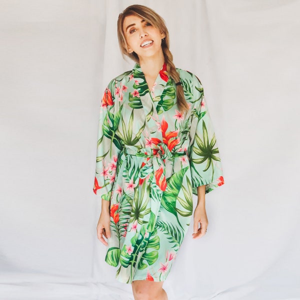 custom robe, satin robe, tropical robe, hawaiian robe, bridal party robes, banana leaf robe, beach wedding robe, destination wedding robes