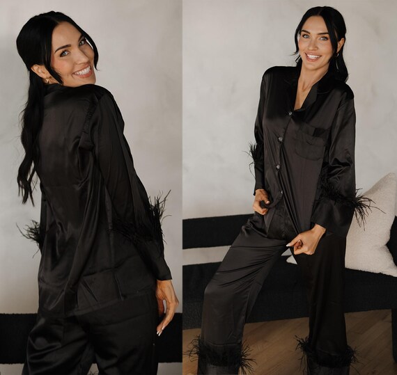 Chic Sleepwear | Black Feather Pajama Set |Luxury Black Feather Satin Pajama Set | Bridal Party PJs | Personalized Gift for Her | Cozy pjs