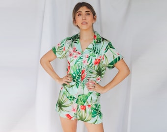 custom tropical pajamas, holiday pajama set, family pajamas, palm leaf pajamas, banana leaf, monogram pajamas, Christmas, bridesmaid pajamas