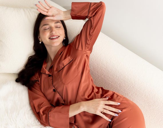 Custom Rust Satin Pajamas, Burnt Orange Sleepwear, Stretchy Luxe PJs, Personalized Text Pajamas, Custom Name PJs, Personalized Sleepwear PJs
