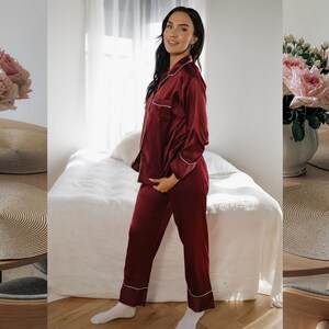 Luxury Wine Satin Pajama Pants Set – Elegant & Comfortable Sleepwear - Luxe Two-Piece Sleep Set for Women - Deep Purple Lounge Pants Set