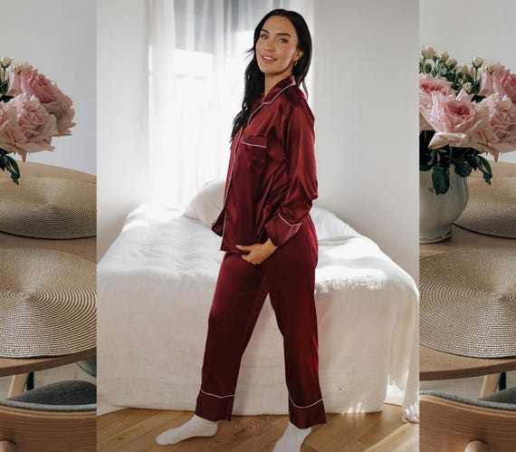 Luxury Wine Satin Pajama Pants Set – Elegant & Comfortable Sleepwear - Luxe Two-Piece Sleep Set for Women - Deep Purple Lounge Pants Set