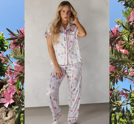 Cute Satin Sleep Set, Bachelorette Party Pajamas with Fun Prints, Cute Bridal PJs, Satin Sleepwear, Wedding Day Pajama Set, Bride Pajamas
