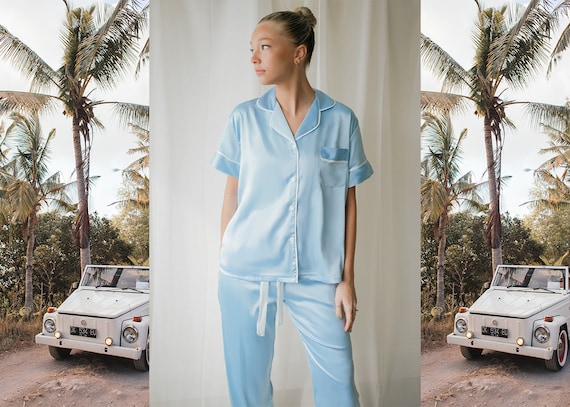 blue wedding pajamas, blue satin pajamas, pajama pants set, blue silk pajamas, silk pajamas, monogram pajamas, beach wedding, pajama pants