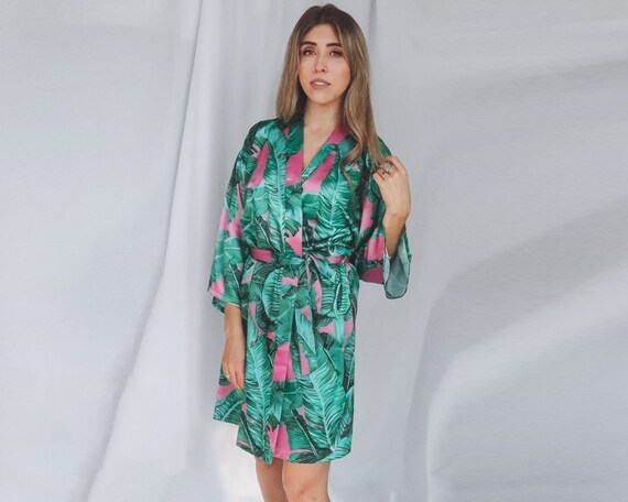 pink tropical robe, custom satin robe, palm leaf robe, bridal party, banana leaf robe, wedding robes, women's robe, custom pink robe, pjs