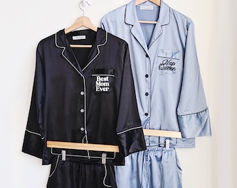 monogram pajamas, long sleeve, custom wedding pajama sets, custom, pj sets, silk, satin, script name
