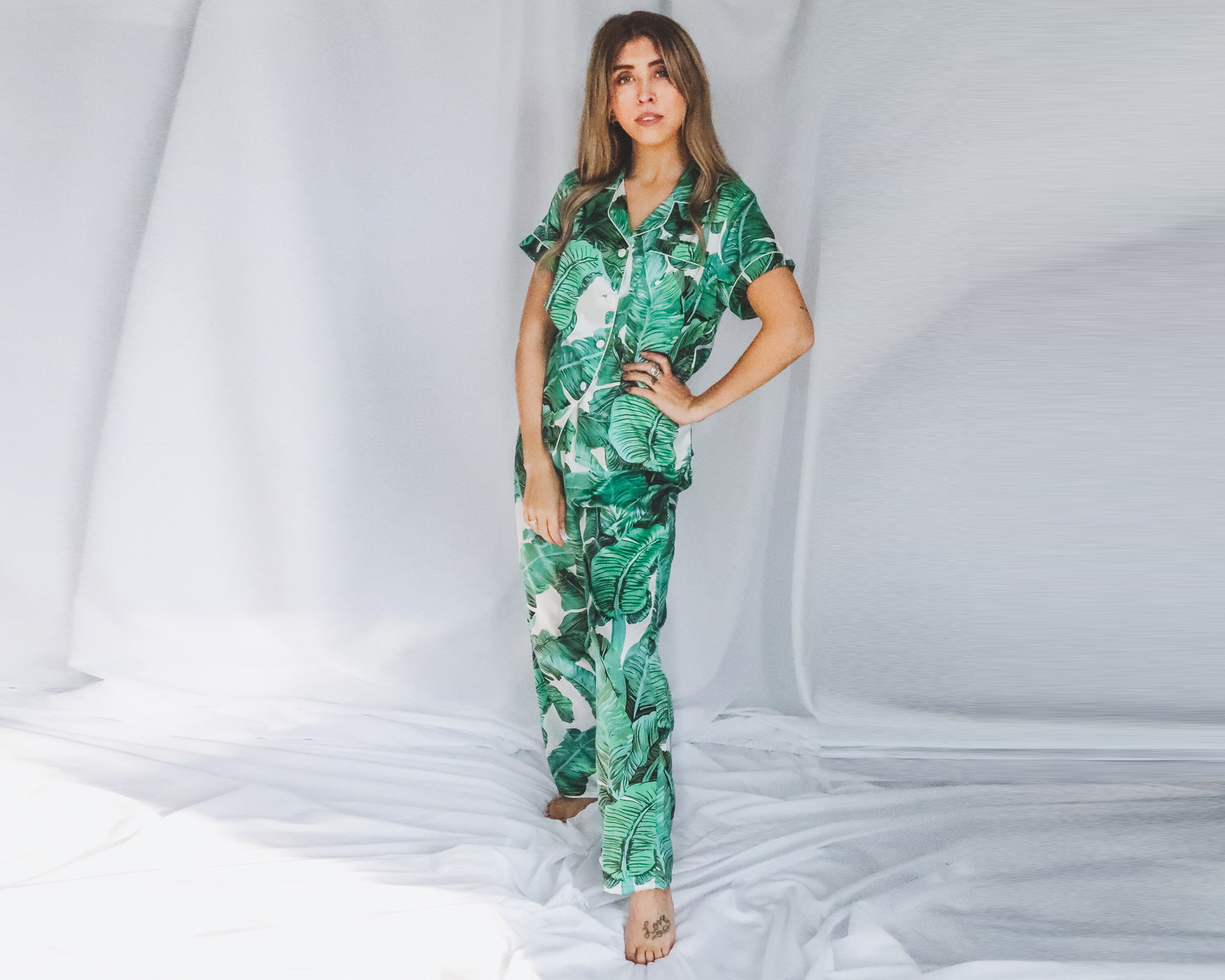 green palm leaf pajama set, monogram pajamas, bridesmaid pajamas