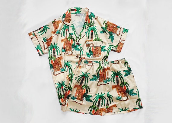 palm trees pajamas, cheetah print pajamas, tropical print pajamas, jungle pajamas, safari pajamas, custom monogram pajamas, custom pattern