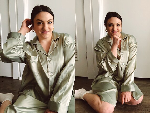luxury sleepwear, satin sleepwear gift, premium satin sleepwear, luxe satin nightwear, satin button down shirt, cozy pajamas, trendy pjs