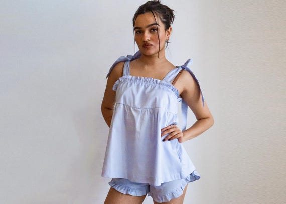 Blue Cotton Pajama Set, Custom Monogram Pajamas, Bow Strap Pjs, Personalized sleepwear