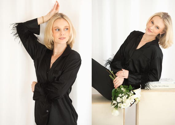 ostrich feather pajamas, black feather pajamas, black wedding pajamas, bachelorette party pajamas, feather pajamas, matching pajama sets
