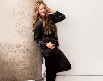 Custom Black Satin Pajamas, Chic Gift for Her, Trendy Women’s Sleepwear, Black Loungewear