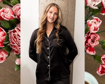 Modern Black Satin Pajamas, Luxe Pajama Pants Set, Valentine's Day gift for her, Chic Wedding