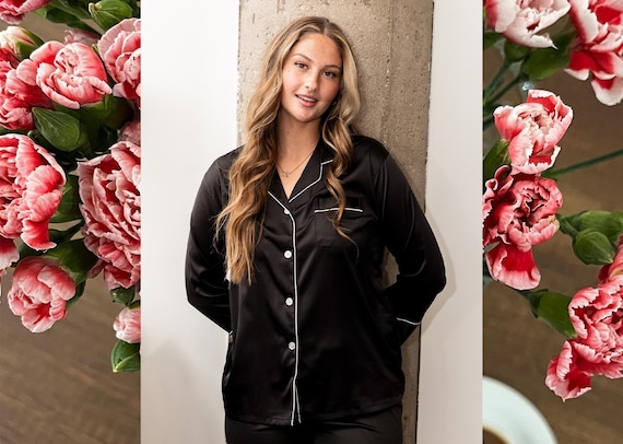 Modern Black Satin Pajamas, Luxe Pajama Pants Set, Valentine's Day gift for her, Chic Wedding