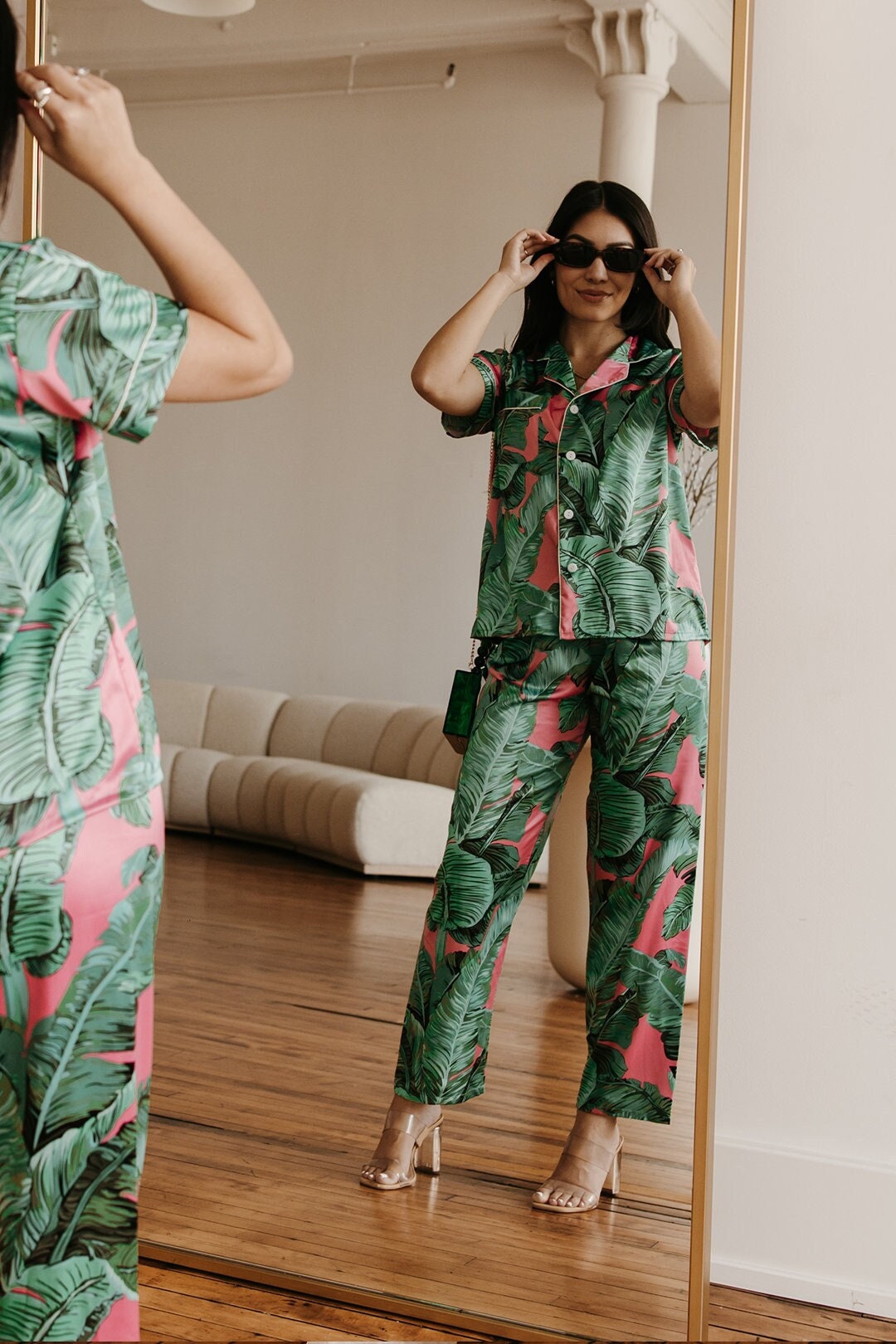 pink palm leaves pajamas matching pajamas monogram pajamas