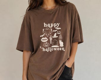 Camiseta de Halloween para mujer, camiseta estampada con diseño de Halloween, camiseta extragrande de otoño, conjunto para fiesta de Halloween.