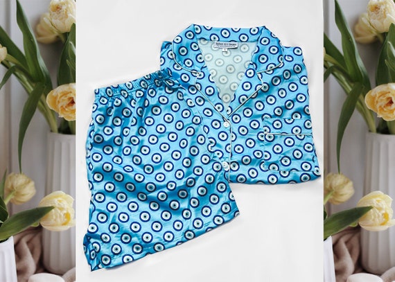 evil eye gift, blue pattern pajamas, spiritual gift, evil eye pajamas, bride, birthday girl, monogram pajamas, evil eye pattern, evil eye