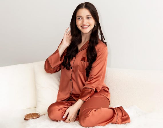 Burnt Orange Satin Pajamas, Soft & Stretchy Personalized Sleepwear, Orange Rust Pajama Set, Orange Satin Sleepwear, Stretchy Luxe PJs, Gift