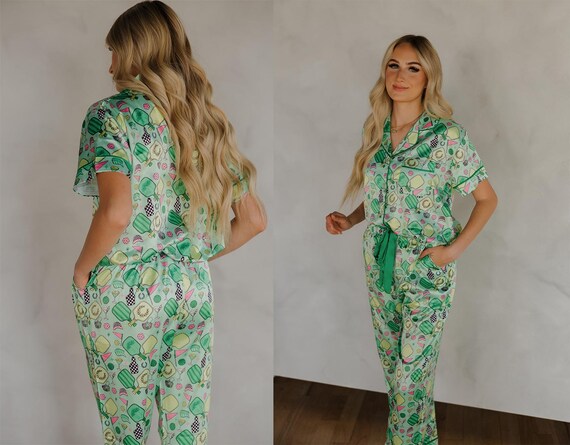 Pickleball Party Pajamas, Pickleball Gift Pajamas, Themed Sleepwear Gift, Silky Pajamas, Cute Sleepwear for Her, Sporty and Stylish, Satin