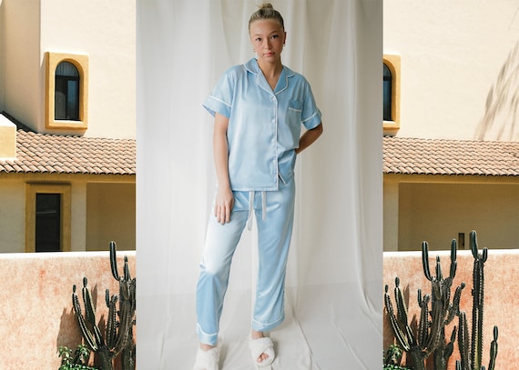 blue satin pajamas, pants pajama sets, monogram pajamas, satin pajama pants, bridesmaid, bride pj's, custom pajamas, pajama set, wedding pjs