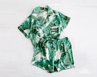 banana leaf pajama set, satin tropical pajamas, beach pajamas, monogram pajamas, bridal party pajamas, beach wedding pajamas, tropical pjs